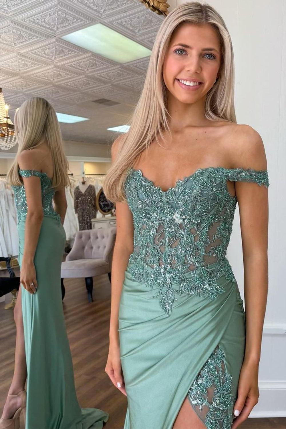 Luolandi Green Mermaid Appliqued Off The Shoulder Corset Long Prom Dress With Slit Evening Dress